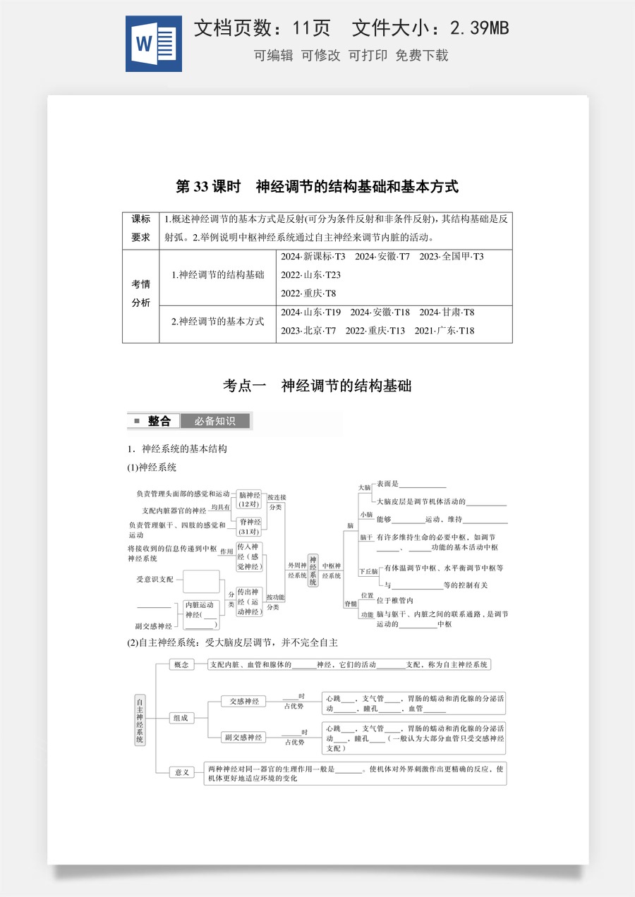 第八单元　生命活动的调节第八单元　第33课时　神经调节的结构基础和基本方式.docx